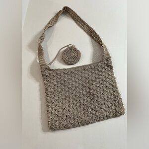 Handcrafted Crochet Shoulder Bag in Taupe Summer Beach Vacation Cotton Blend